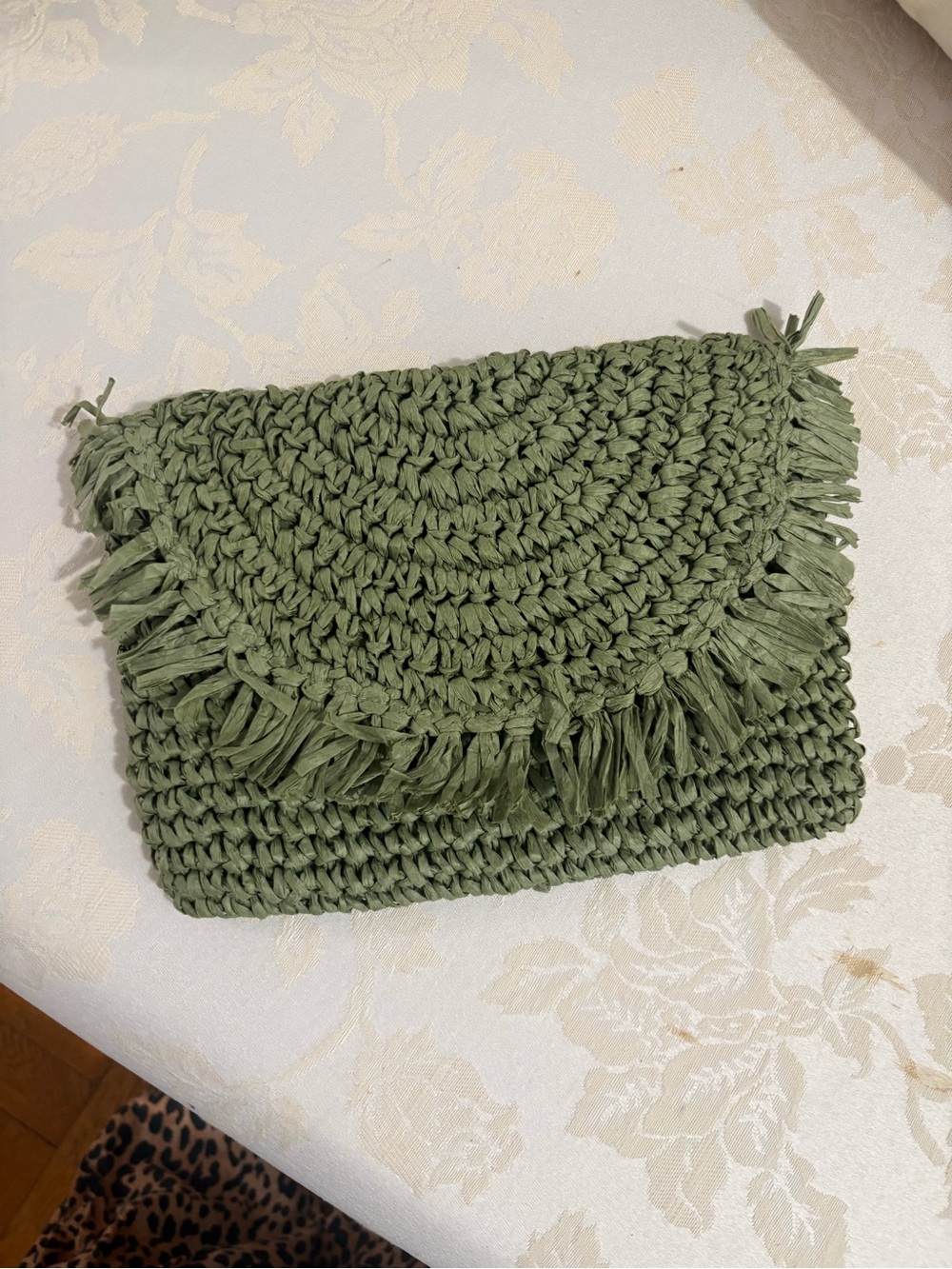 Nordstrom Olive Green Handwoven Fringe Clutch